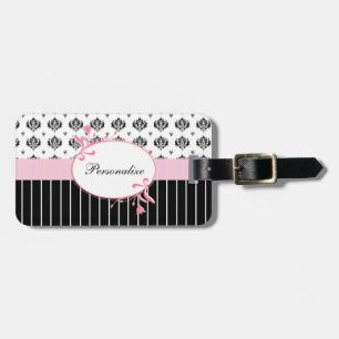 Black And White Damask Chic Pink Floral With Name Luggage Tag