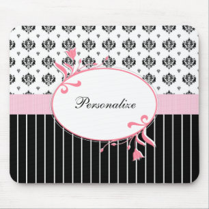 Black And White Damask Chic Pink Floral With Name Mouse Mat