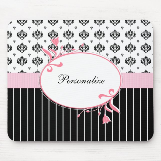 Black And White Damask Chic Pink Floral With Name Mouse Mat (Front)