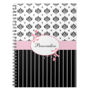 Black And White Damask Chic Pink Floral With Name Notebook