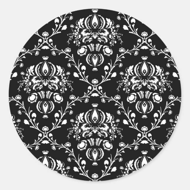 Black and White Damask Classic Round Sticker (Front)