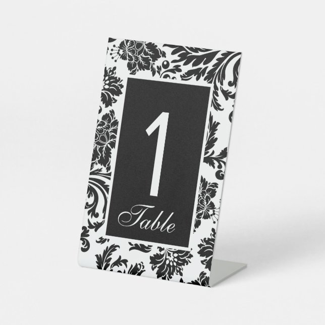 Black and  white damask custom wedding  pedestal sign (Front)