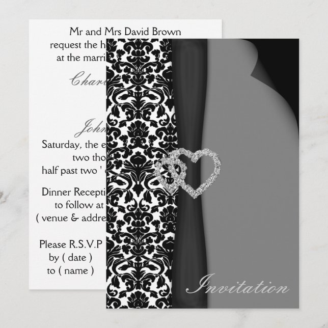 Black and White Damask FAUX ribbon diamante design Invitation (Front/Back)