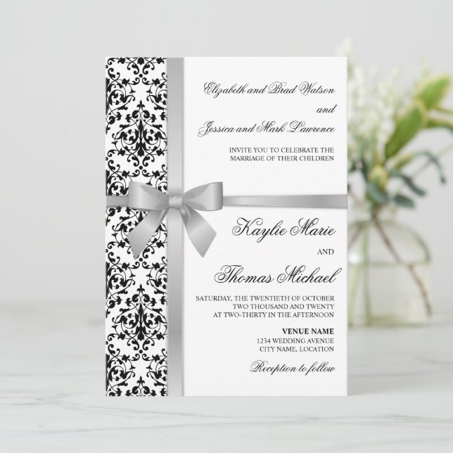Black and White Damask Faux Silver Ribbon Wedding Invitation (Standing Front)
