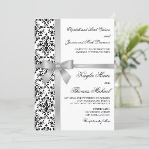 Black and White Damask Faux Silver Ribbon Wedding Invitation