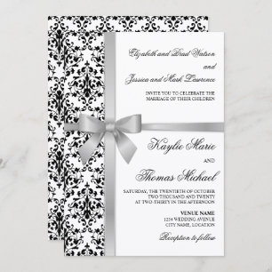 Black and White Damask Faux Silver Ribbon Wedding Invitation