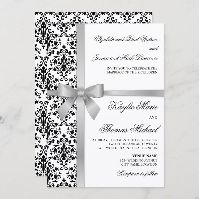 Black and White Damask Faux Silver Ribbon Wedding Invitation (Front/Back)