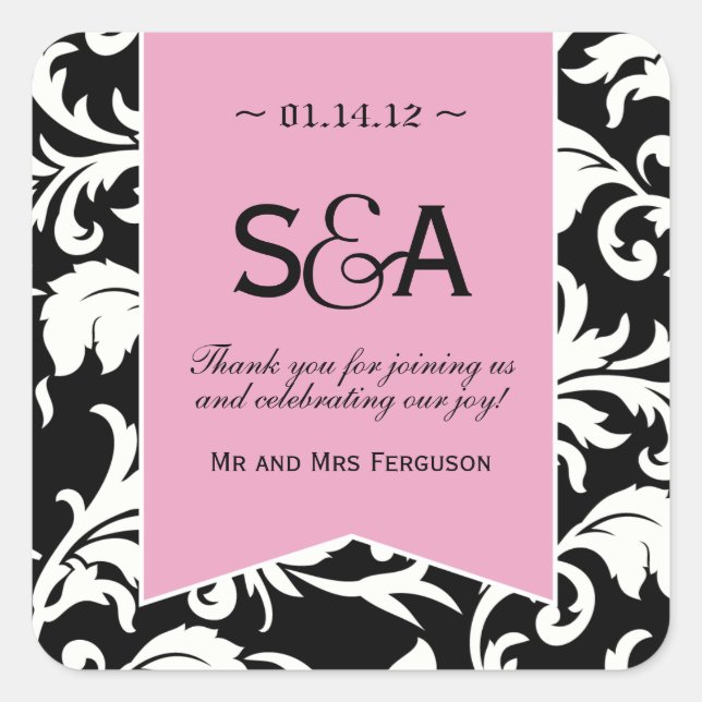 Black and White Damask Favour Stickers (Front)