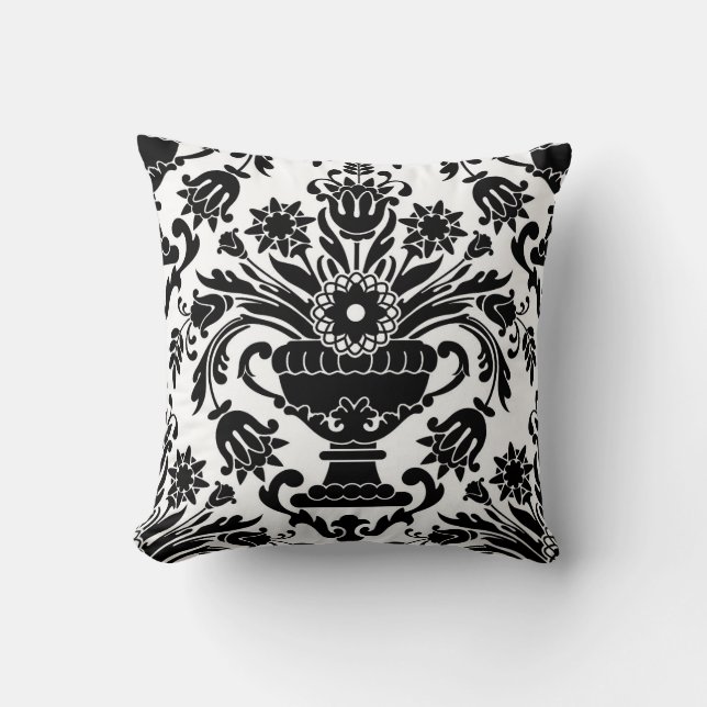 Black and White Damask Floral Pattern Elegant Cushion (Front)