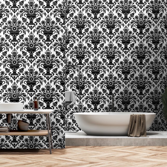 Black and White Damask Floral peel and stick Wallpaper (Bathroom)