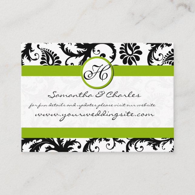 Black and White Damask Floral with Apple Green Enclosure Card (Front)