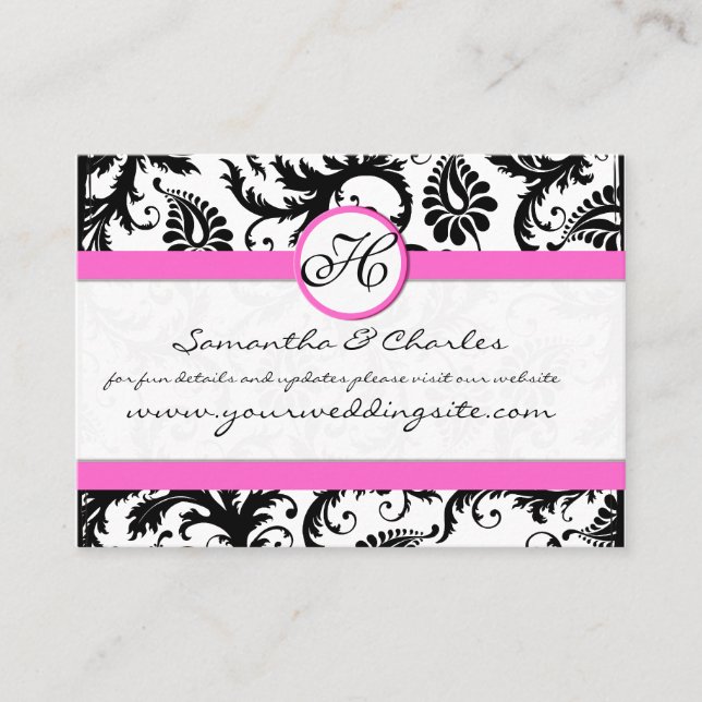 Black and White Damask Floral  with Pink Trim Business Card (Front)