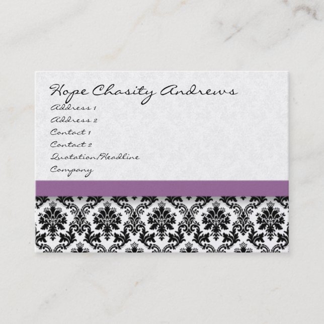 Black and White Damask Floral  with Purple Ribbon Business Card (Front)