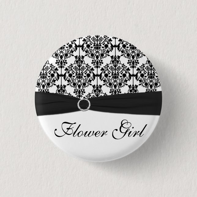 Black and White Damask Flower Girl Pin (Front)