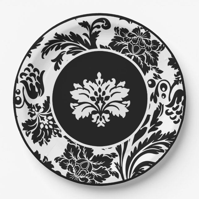 Black and white damask formal wedding paper plate (Front)