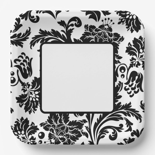 Black and white damask formal wedding paper plate (Front)