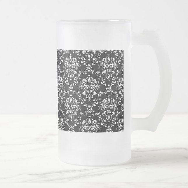 Black and White Damask Frosted Glass Beer Mug (Right)