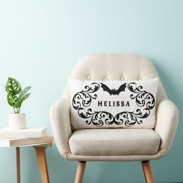 Black and White Damask Glam Bat Personalised Lumbar Cushion (Chair)
