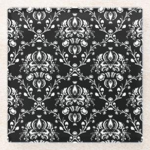 Black and White Damask Glass Coaster