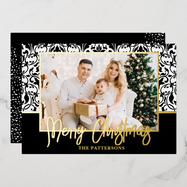 Black and White Damask Gold Foil Holiday Card (Front/Back)