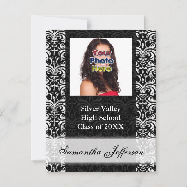 Black and White Damask Graduation Invitation (Front)