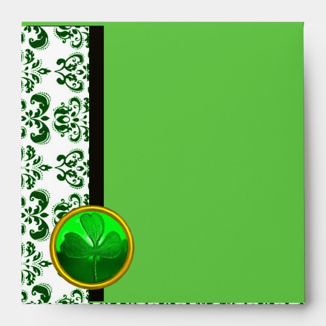 BLACK AND WHITE DAMASK ,GREEN SHAMROCK ENVELOPE (Front)
