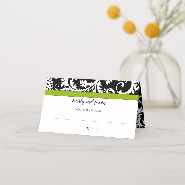 Black and White Damask Green Trim Wedding Place Card (Back)