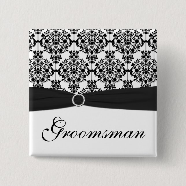 Black and White Damask Groomsman Pin (Front)