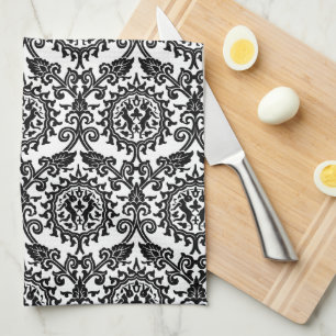 Black and White Damask Hare Pattern Tea Towel