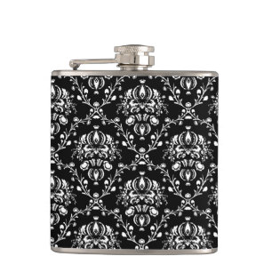 Black and White Damask Hip Flask