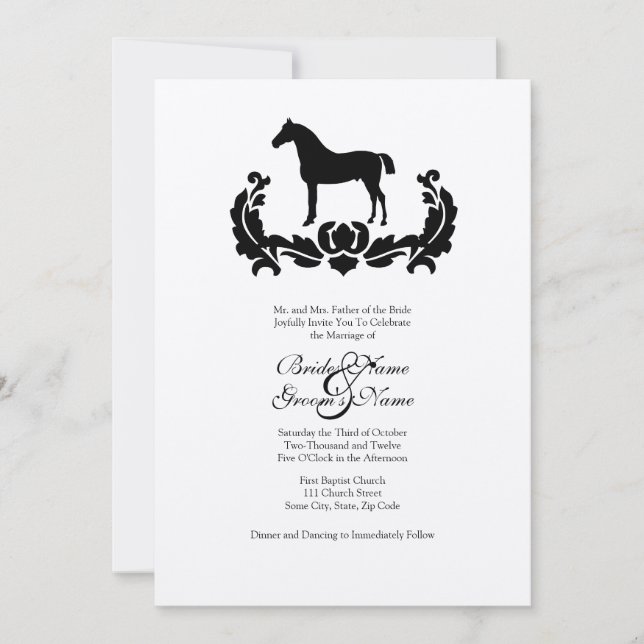 Black and White Damask Horse Wedding Invitation (Front)