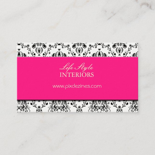 Black and White Damask/Hot Pink Accent Business Card (Front)