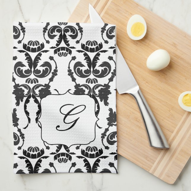 Black and White Damask Initial Kitchen Towel (Quarter Fold)
