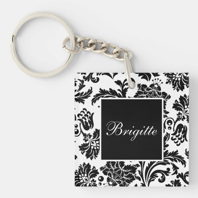 Black and white damask key ring (Front)