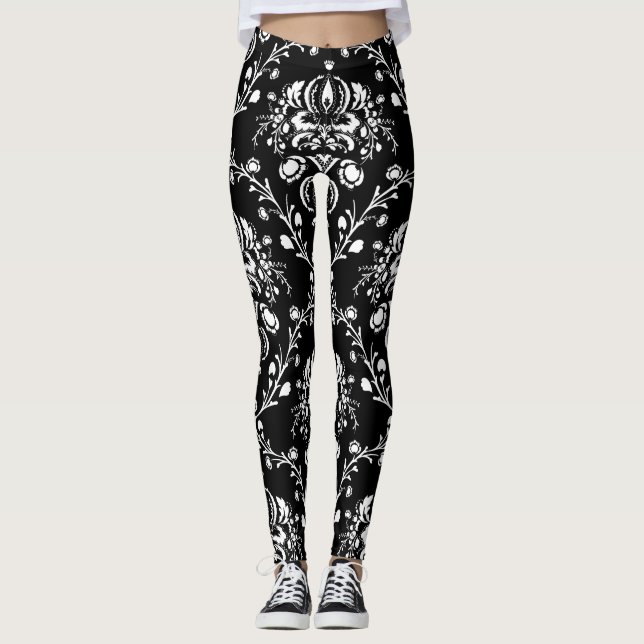 Black and White Damask Leggings (Front)