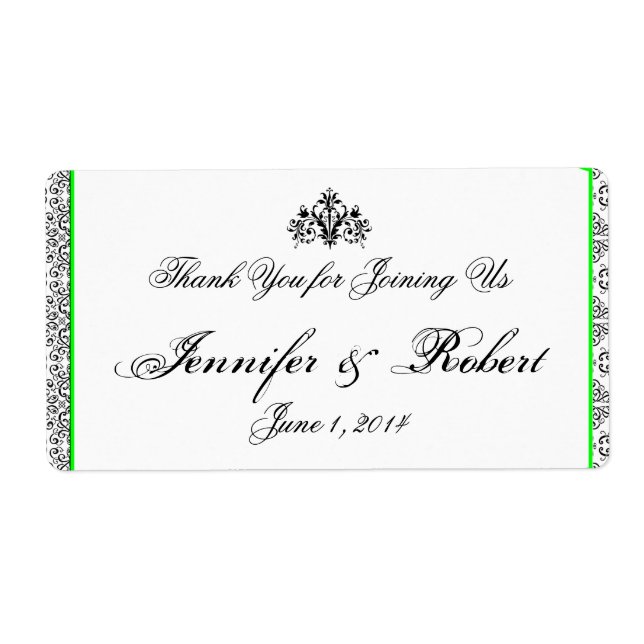 Black and White Damask Lime Water Bottle Label (Front)