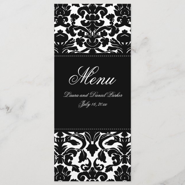 Black and White Damask Linen Wedding Menu Card (Front)