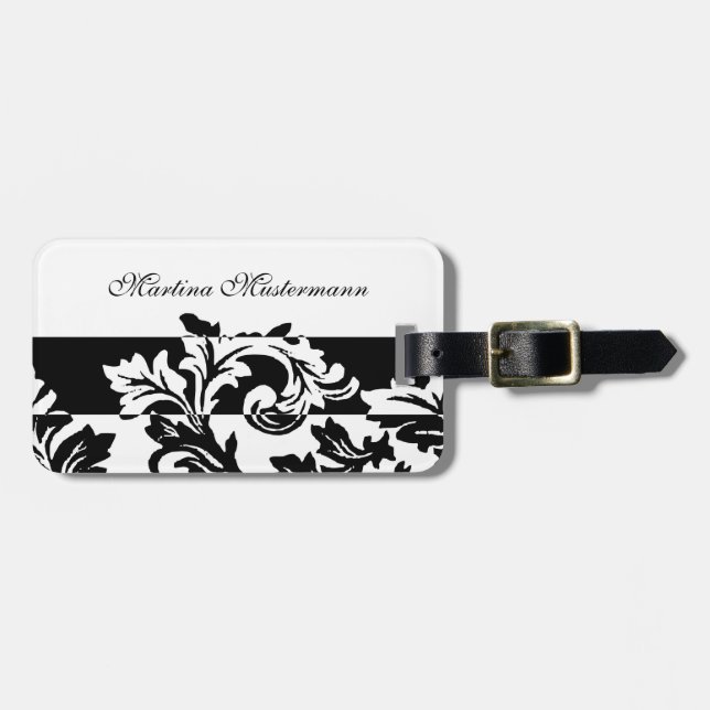 Black and White Damask Luggage Tag (Front Horizontal)
