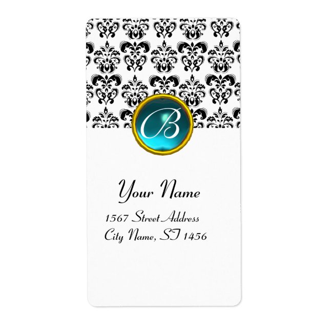 BLACK AND WHITE DAMASK MONOGRAM, blue aquamarine (Front)