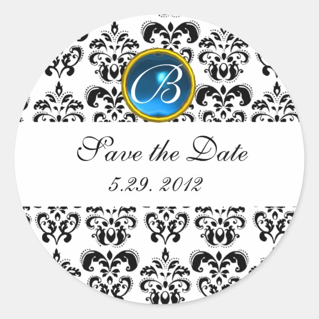 BLACK AND WHITE DAMASK MONOGRAM blue sapphire Classic Round Sticker (Front)