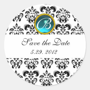 BLACK AND WHITE DAMASK MONOGRAM blue sapphire Classic Round Sticker