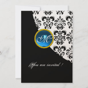 BLACK AND WHITE DAMASK MONOGRAM,blue sapphire gold Invitation