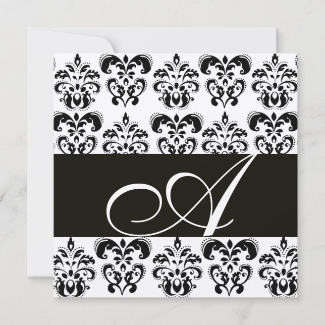 BLACK AND WHITE DAMASK MONOGRAM Chanpagne metallic Invitation (Front)