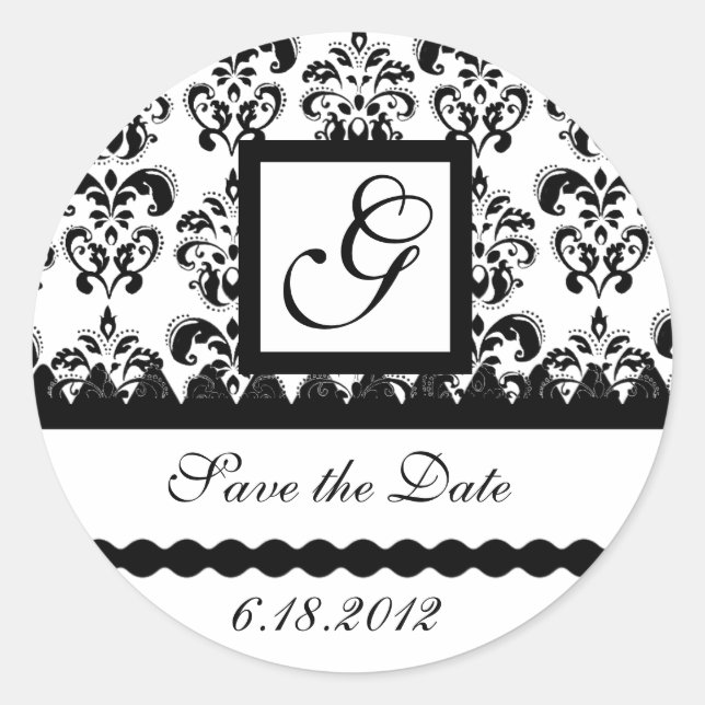 BLACK AND WHITE DAMASK MONOGRAM CLASSIC ROUND STICKER (Front)