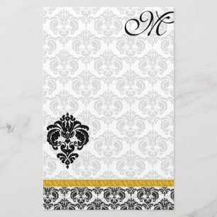 Black and White Damask Monogram Gold Ribbon Stationery
