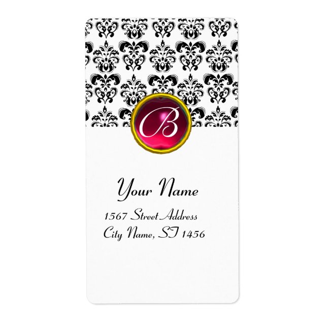 BLACK AND WHITE DAMASK MONOGRAM, Red Pink Ruby (Front)
