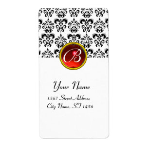 BLACK AND WHITE DAMASK MONOGRAM, Red Ruby