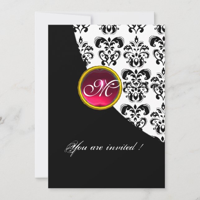 BLACK AND WHITE DAMASK MONOGRAM,red ruby,fuchsia Invitation (Front)