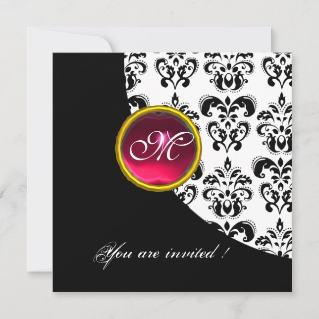 BLACK AND WHITE DAMASK MONOGRAM,red ruby, Invitation (Front)