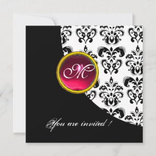 BLACK AND WHITE DAMASK MONOGRAM,red ruby, Invitation